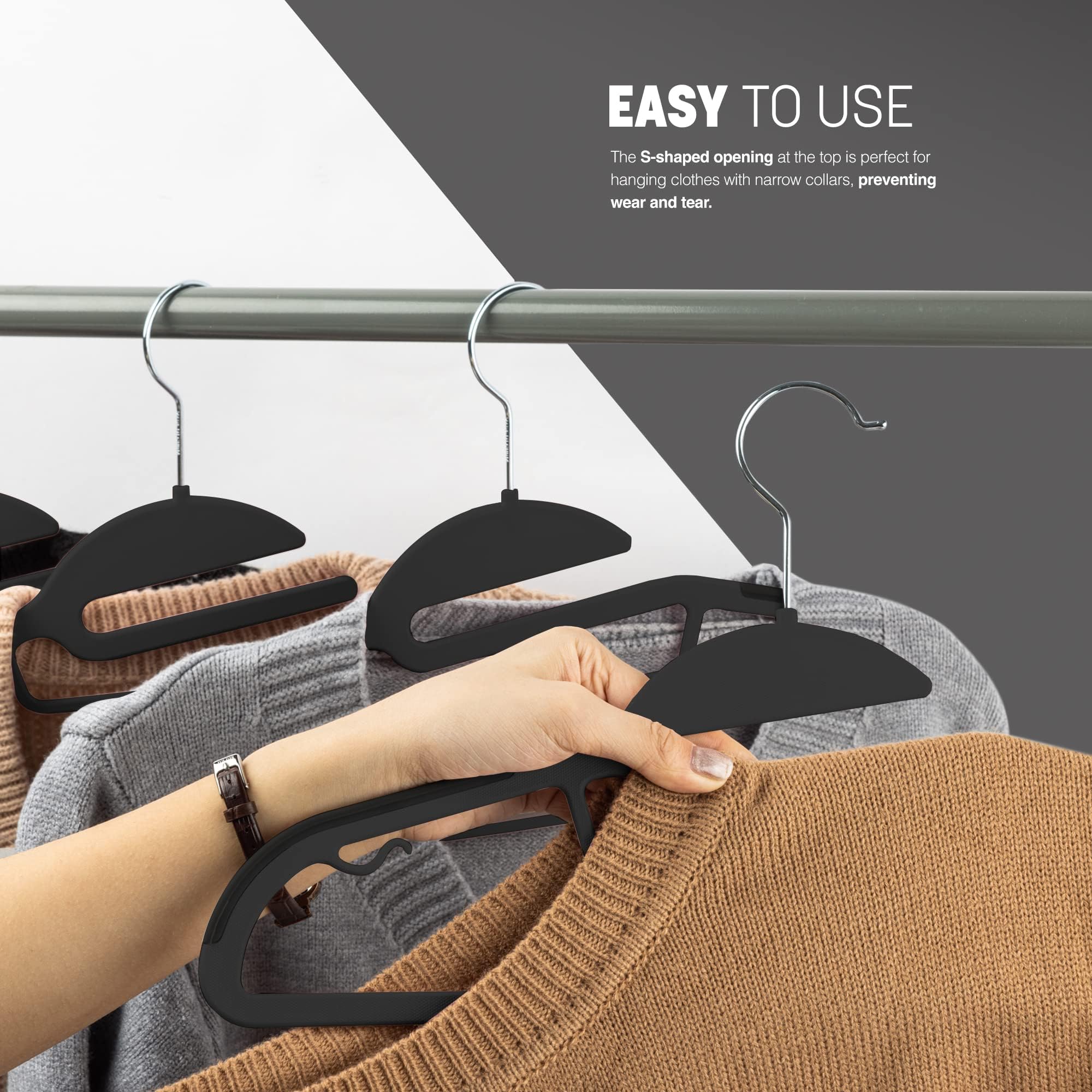KEPLIN 50 Pack Non-Slip Hangers Durable Slimline Design Space Saving With 360 Swivel, Tie Organiser, Strap Hooks and S Shape Opening (41x22cm) in