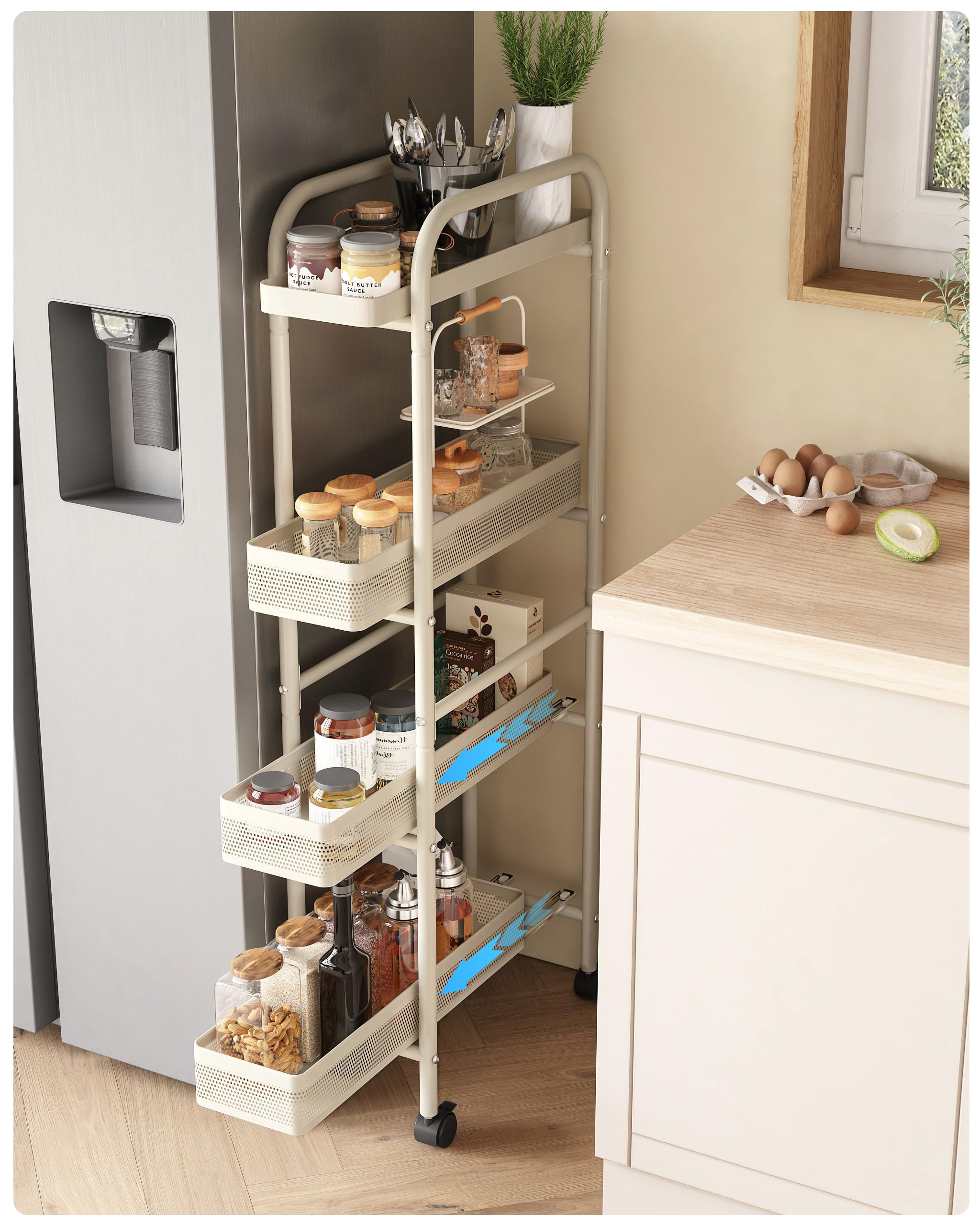 UMDONX Metal Kitchen Storage Trolley with Pull out Basket Narrow 4 Tier