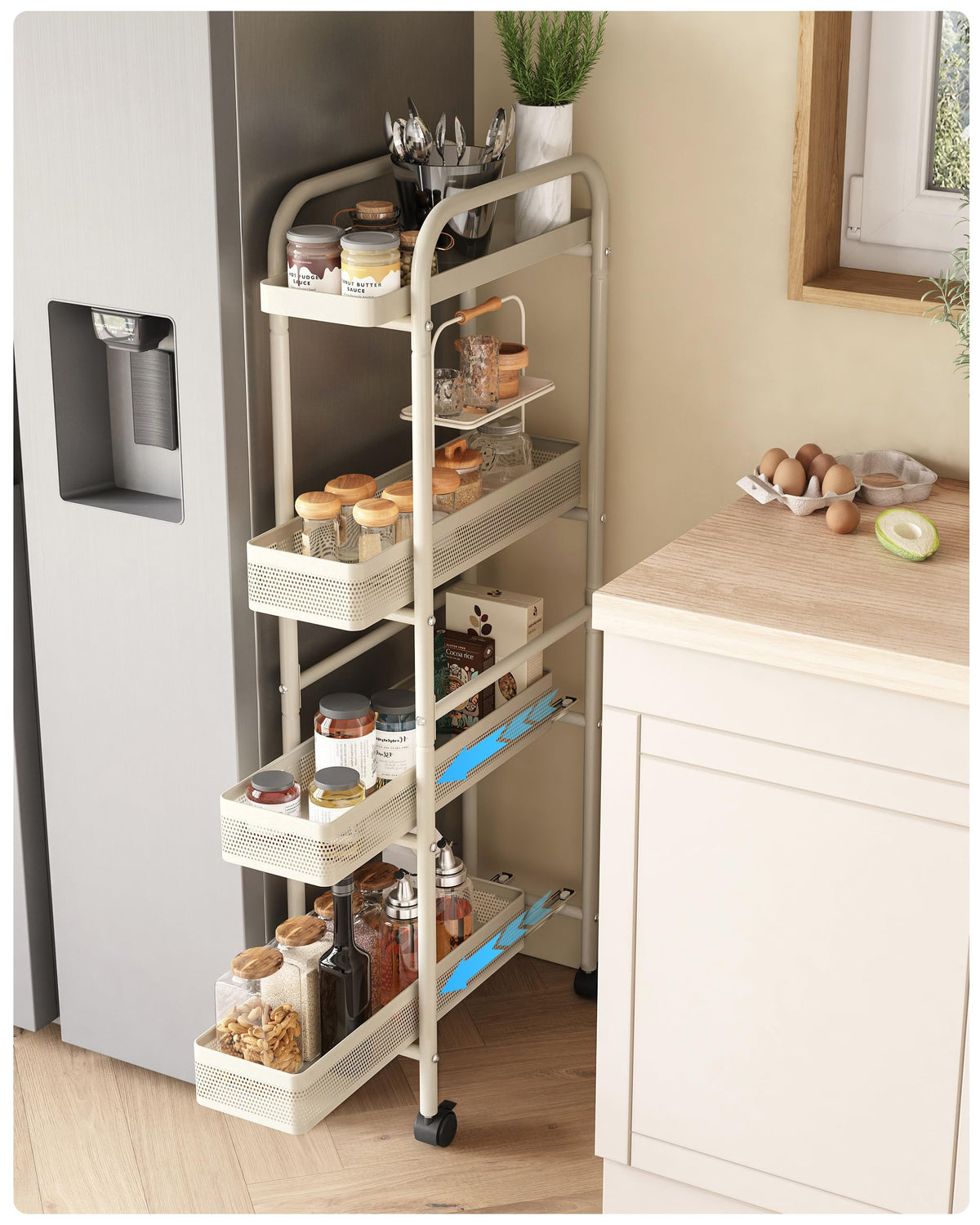 UMDONX Metal Kitchen Storage Trolley with Pull out Basket Narrow 4 Tier