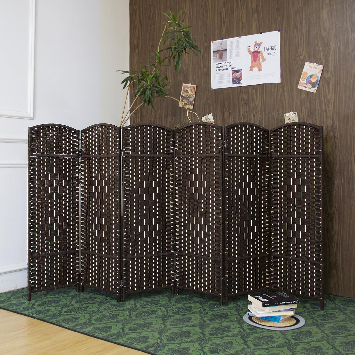 Furnnylane 6 Panel Dark Brown Rattan Divider Short Room Partition Screen,Double Sided Short Folding Divider for Room Separation,120 cm Tall