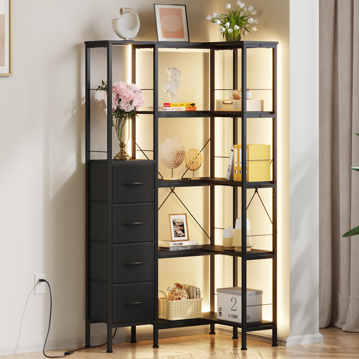 Corner Bookshelf Unit with 4 Fabric Drawers & LED Light, 5-Tier, Black