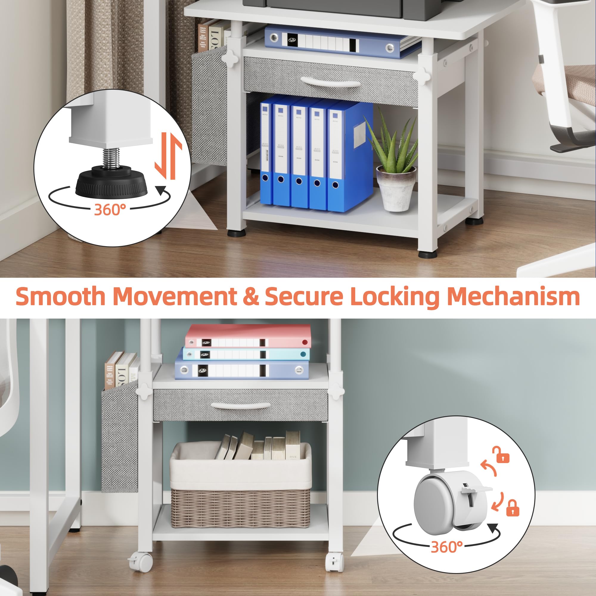 OYRREU 3 Tier Printer Stand on Wheels, Height Adjustable Mobile Table White