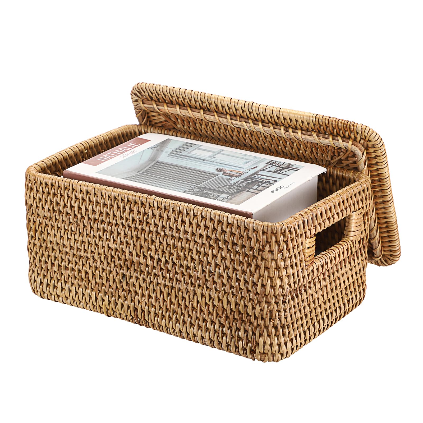 IGNPION Rattan Wicker Storage Basket With Lid, Decorative Multipurpose Storage Bin for Shelves, Bathroom, Kitchen, Living Room, Office