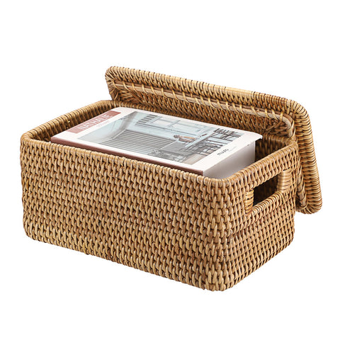 IGNPION Rattan Wicker Storage Basket With Lid, Decorative Multipurpose Storage Bin for Shelves, Bathroom, Kitchen, Living Room, Office