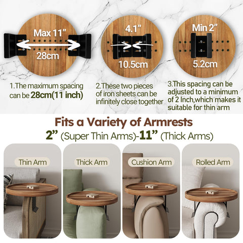 Semjar Acacia Wood Sofa Arm Table,Adjustable Round Couch Armrest Tray,Wooden Chair Arm Table Sofa Arm Tray for Wide Thin Couches Arm,Arm Trays