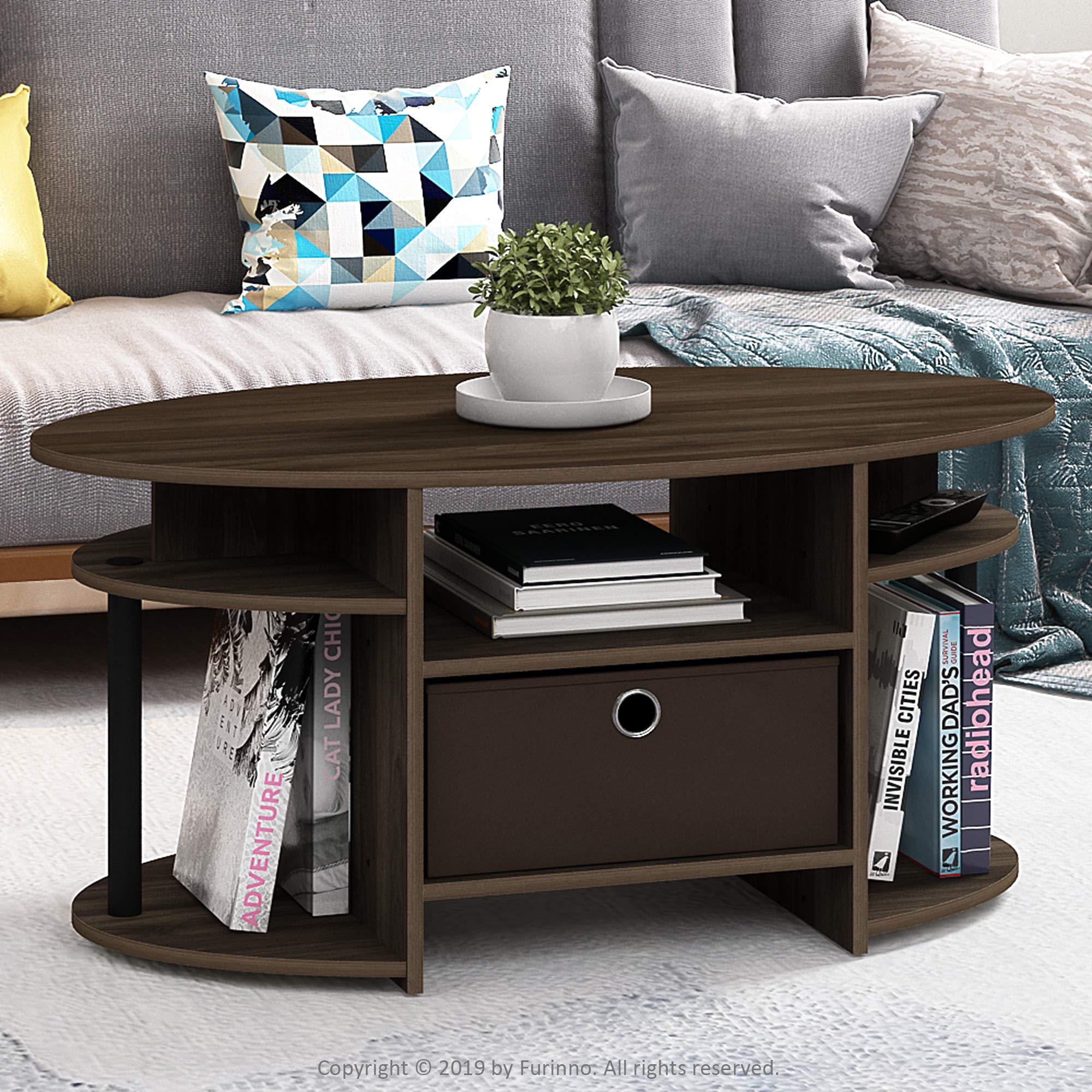 Furinno JAYA Coffee Table, Oval Modern Coffee Table with Shelves and Storage Bin, Side Table, for Living Room, Bedroom, Home Office, Columbia Walnut