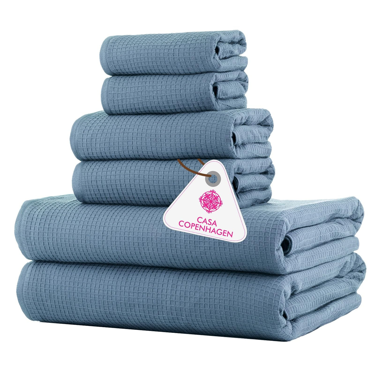CASA COPENHAGEN Waffle Terry 6-piece set, cotton, extra large, luxurious, antique blue, 2 bath towels XL, 70x140 cm, 2 large hand towels, 50x80 cm