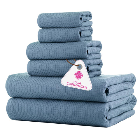 CASA COPENHAGEN Waffle Terry 6-piece set, cotton, extra large, luxurious, antique blue, 2 bath towels XL, 70x140 cm, 2 large hand towels, 50x80 cm