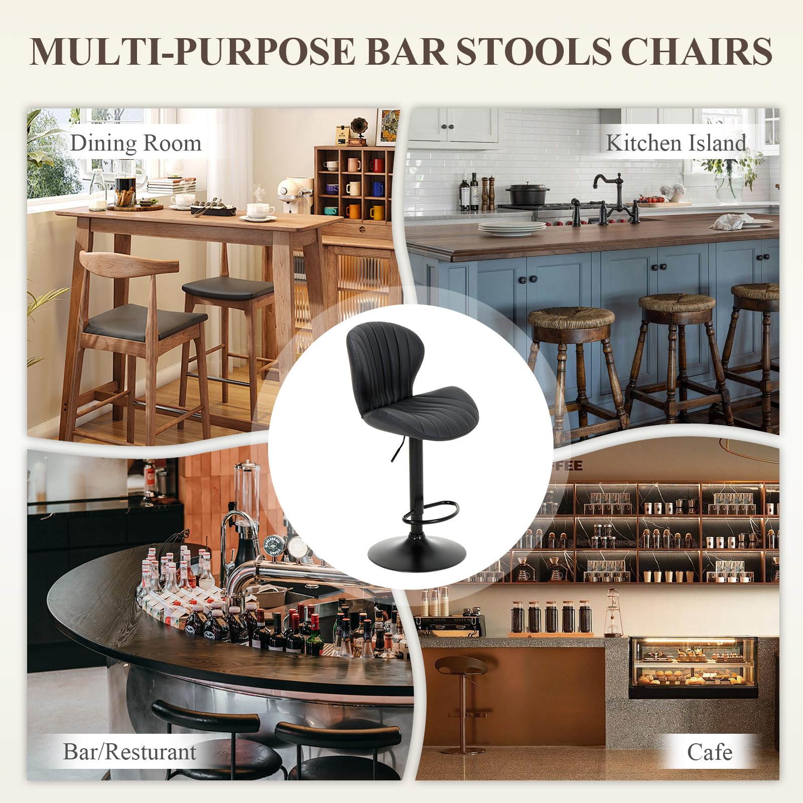 COLAMY Breakfast Bar Stools Set of 6, Modern Swivel Kitchen Bar Chairs, Adjustable PU Leather Upholstered Barstools Counter Height with High Backrest