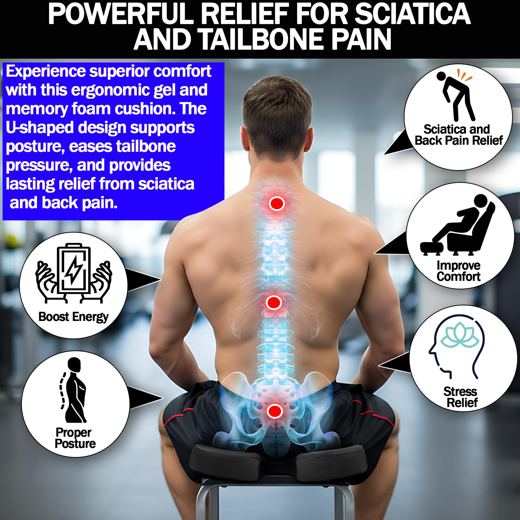 RKINC Orthopedic Memory Foam Seat Cushion, Relief for Sciatica, Back and Tailbone Coccyx Pain, Support Pad with Washable Cover