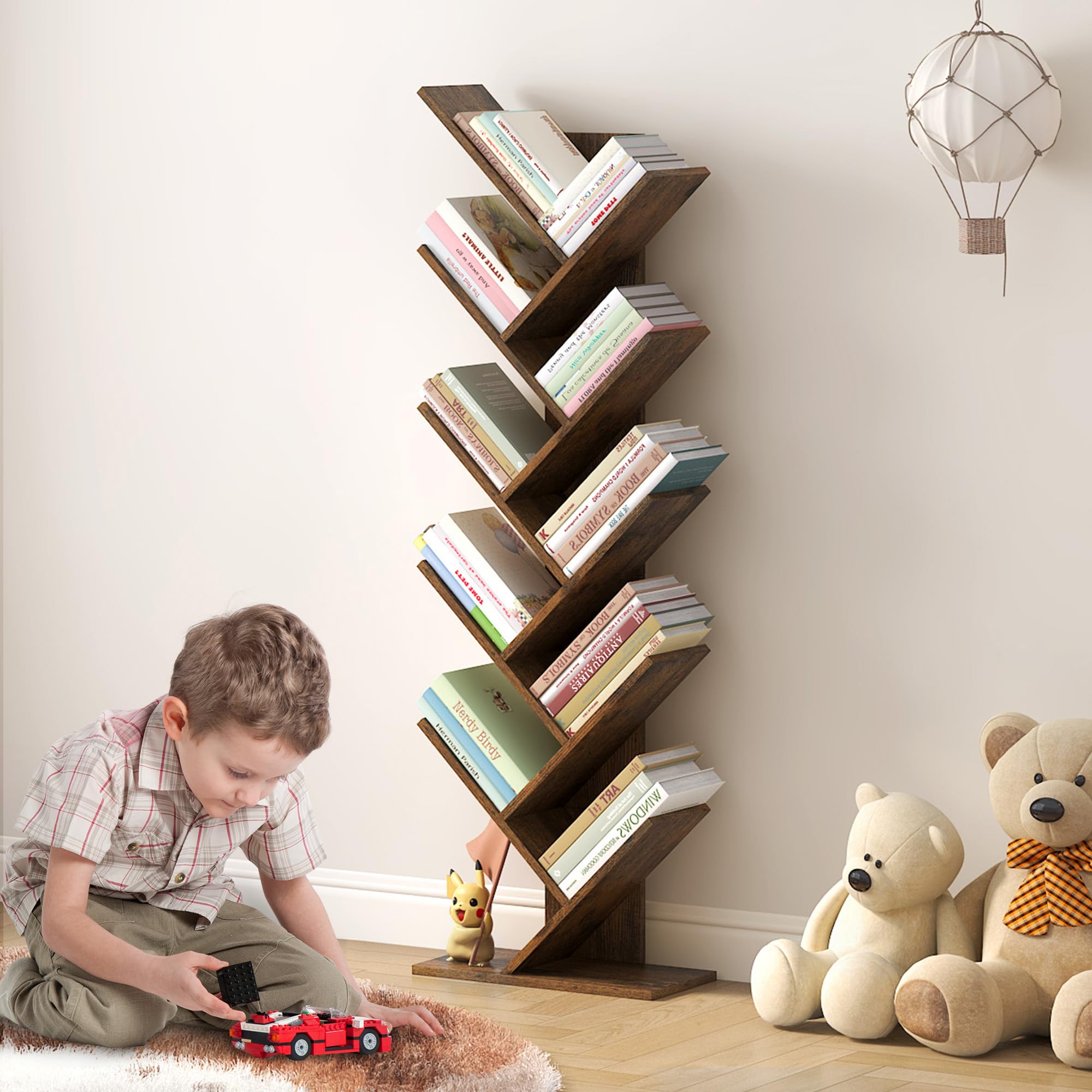 Hoctieon 10 Tier Tree Bookshelf, 10 Shelf Bookcase, Free Standing Tree Bookcase, Display Floor Standing Shelf for Books
