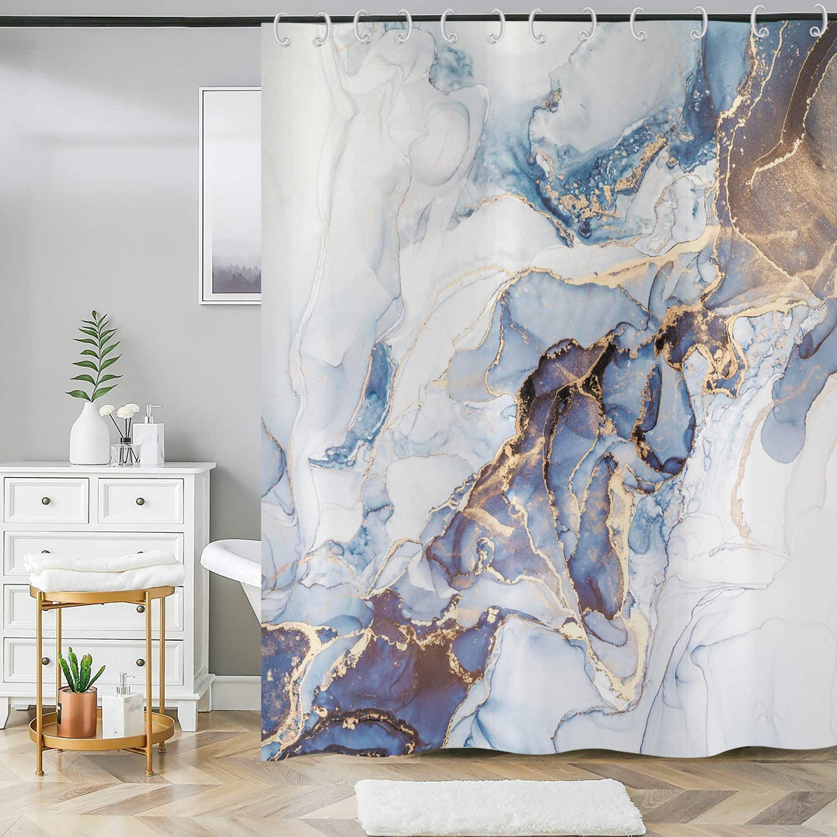 ASDCXZ Marble Shower Curtain 180x180 cm, Modern Abstract Art Blue Gold White Marble Optic Texture Bath Washable Shower Curtains Polyester Textile