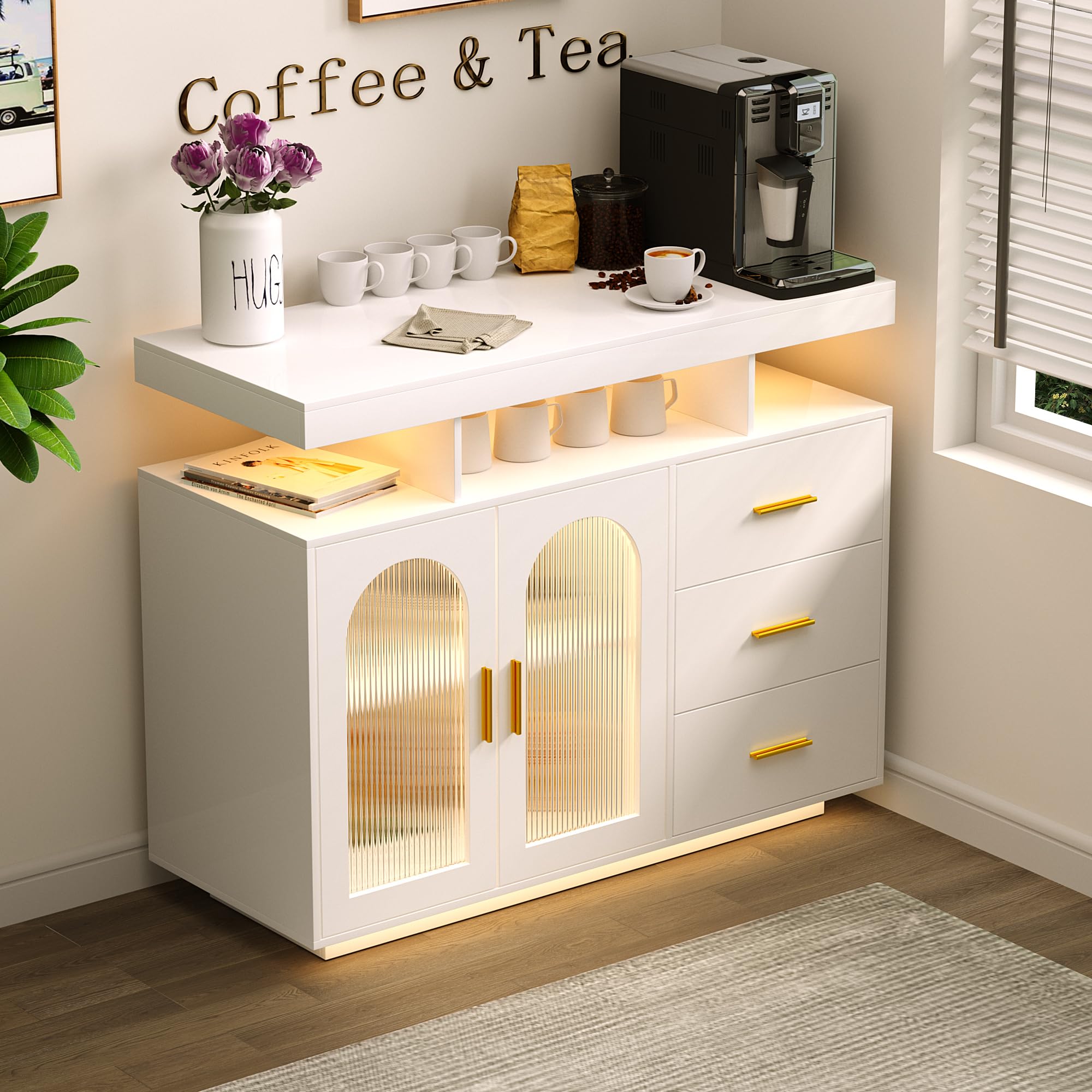 FREDEES Sideboard Buffet Cabinet with 3 Drawers and LED Lights, White