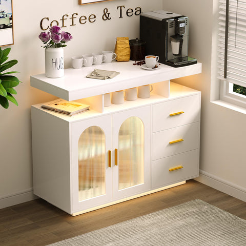 FREDEES Sideboard Buffet Cabinet with 3 Drawers and LED Lights, White