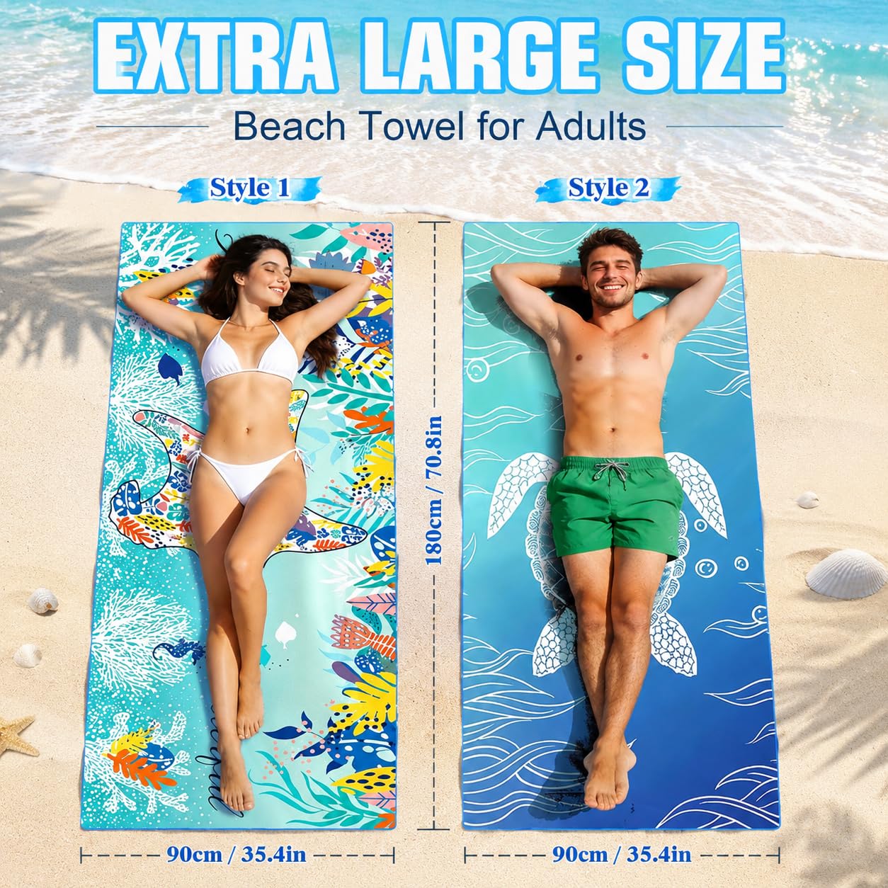 2Pack Microfibre Beach Towels for Adult,180x90cmQuick Dry Lightweight Towel