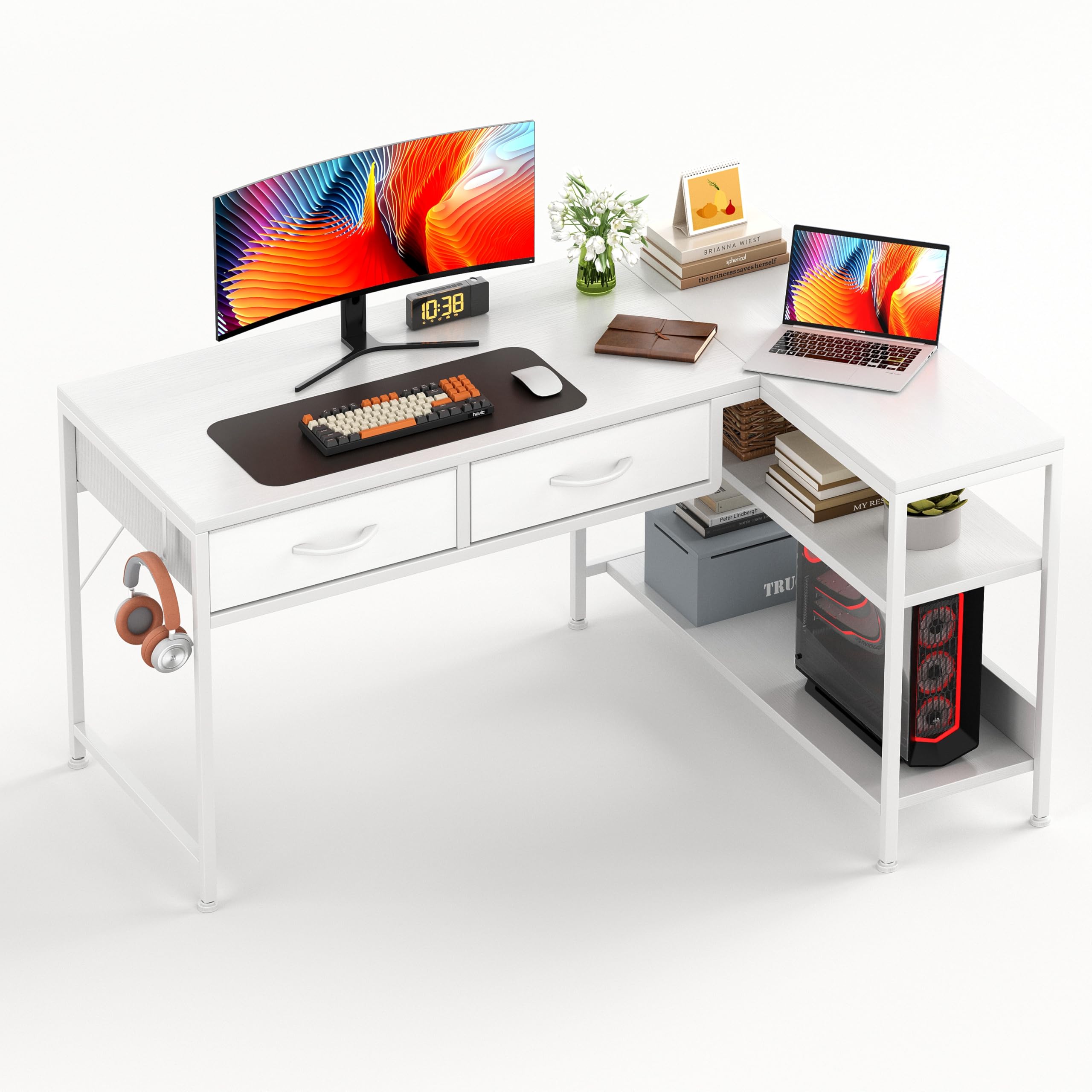 CAIYUN L Shaped Computer Desk with 2 Drawers, 100CM Office Corner Desk with 2 Storage Shelves, Working Table Study Table for Home Office Desk, White