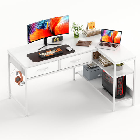 CAIYUN L Shaped Computer Desk with 2 Drawers, 100CM Office Corner Desk with 2 Storage Shelves, Working Table Study Table for Home Office Desk, White