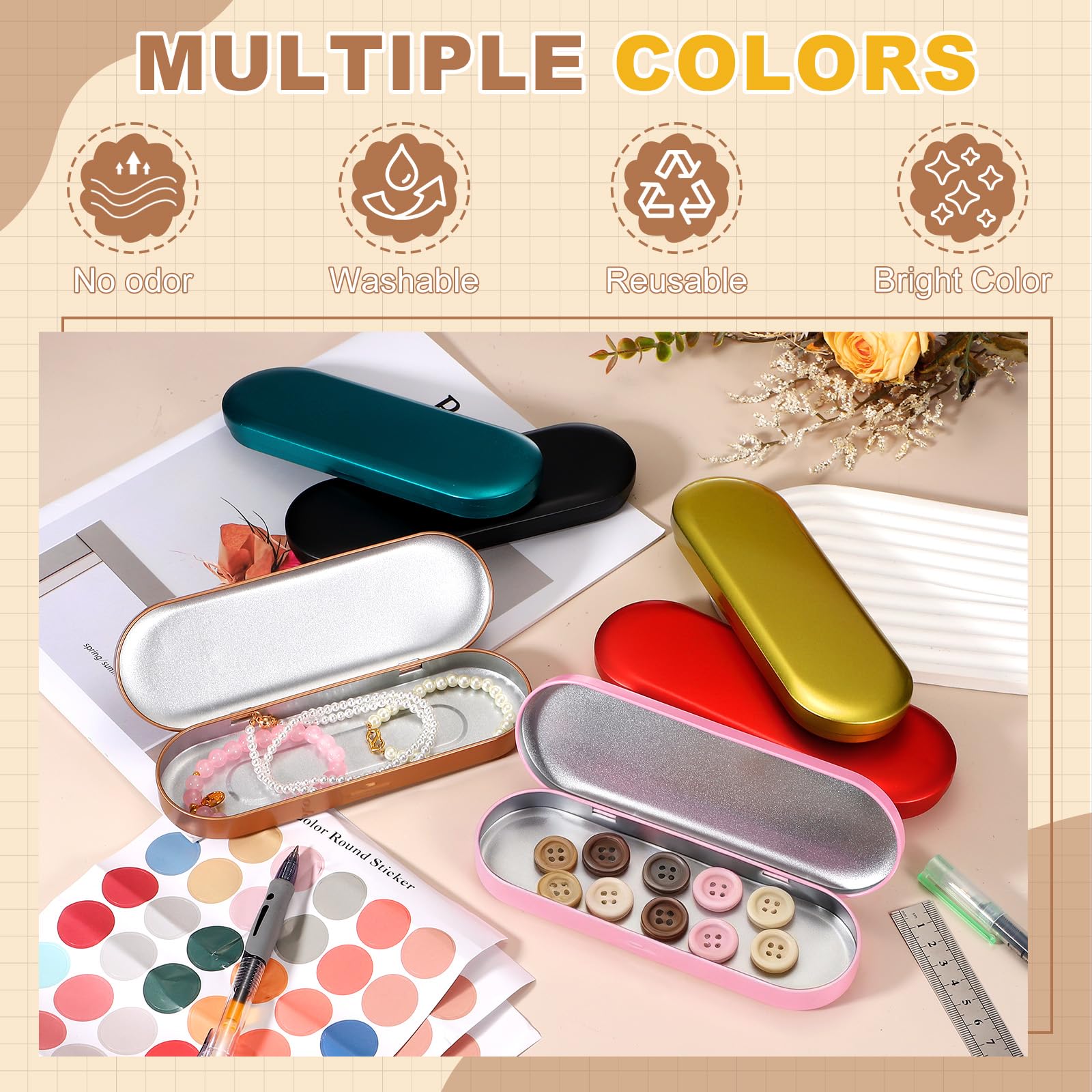 sourcing map 4Pcs Metal Tin Box Container, 3.7x2.4x0.9 Rectangular Empty Box with Self Adhesive Colored Stickers