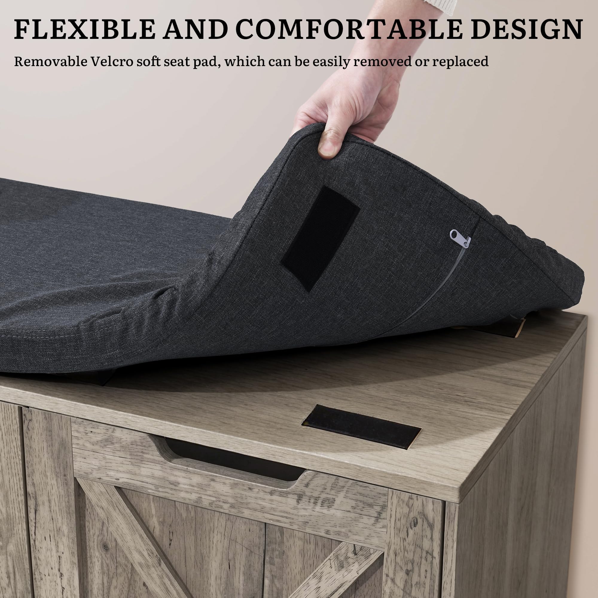YITAHOME Shoe Bench with Side Cabinet, Padded Seat, 105cm, Grey