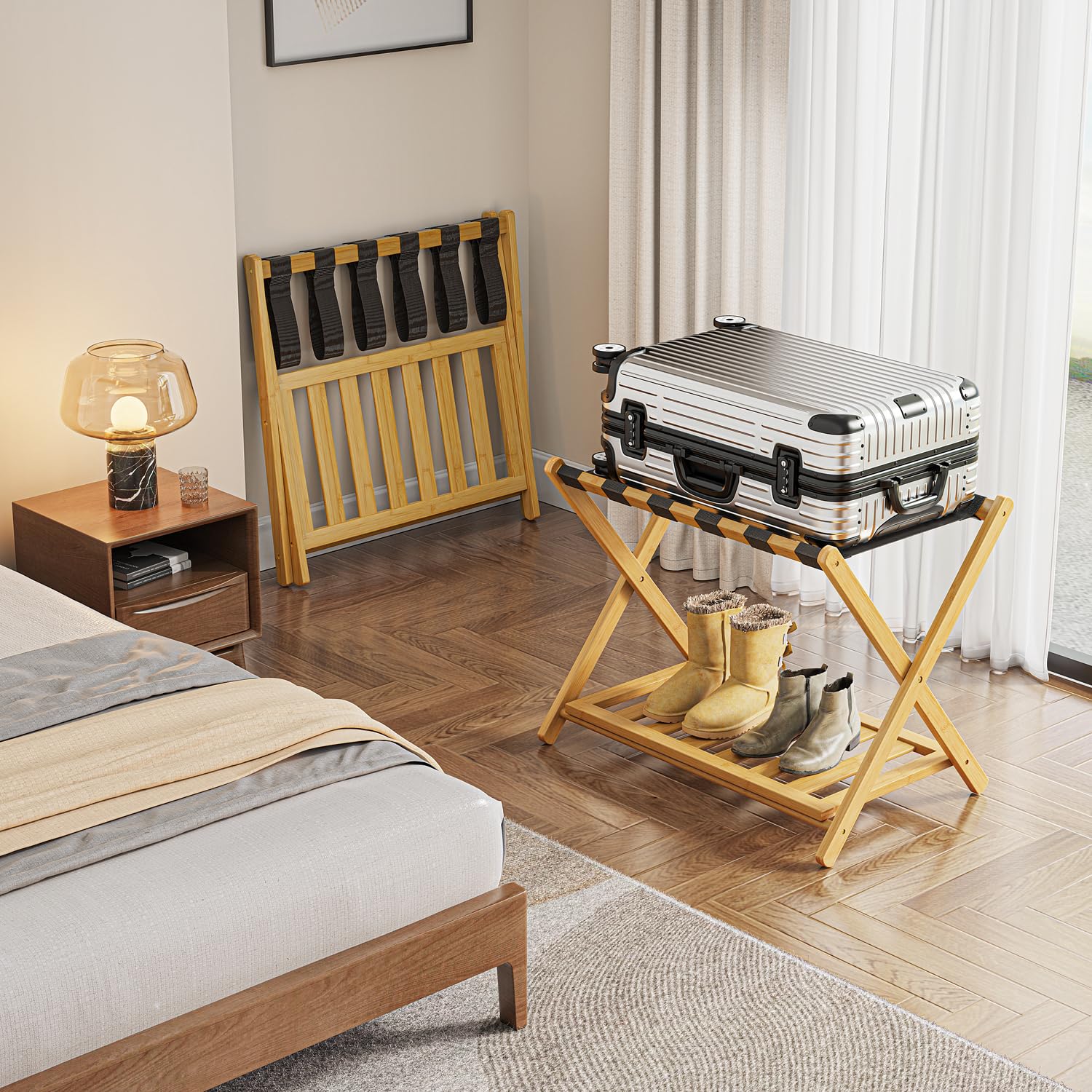 BAMBOOHOMIE Bamboo Luggage Rack for Guest Room, 26.77" Folding Wide Suitcase Stand with Storage Shelf
