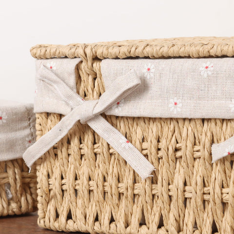FEILANDUO Wicker Shelf Baskets Bin with Lid, Handwoven Paper Rope Baskets for Organizing, Rectangular Basket for Storage