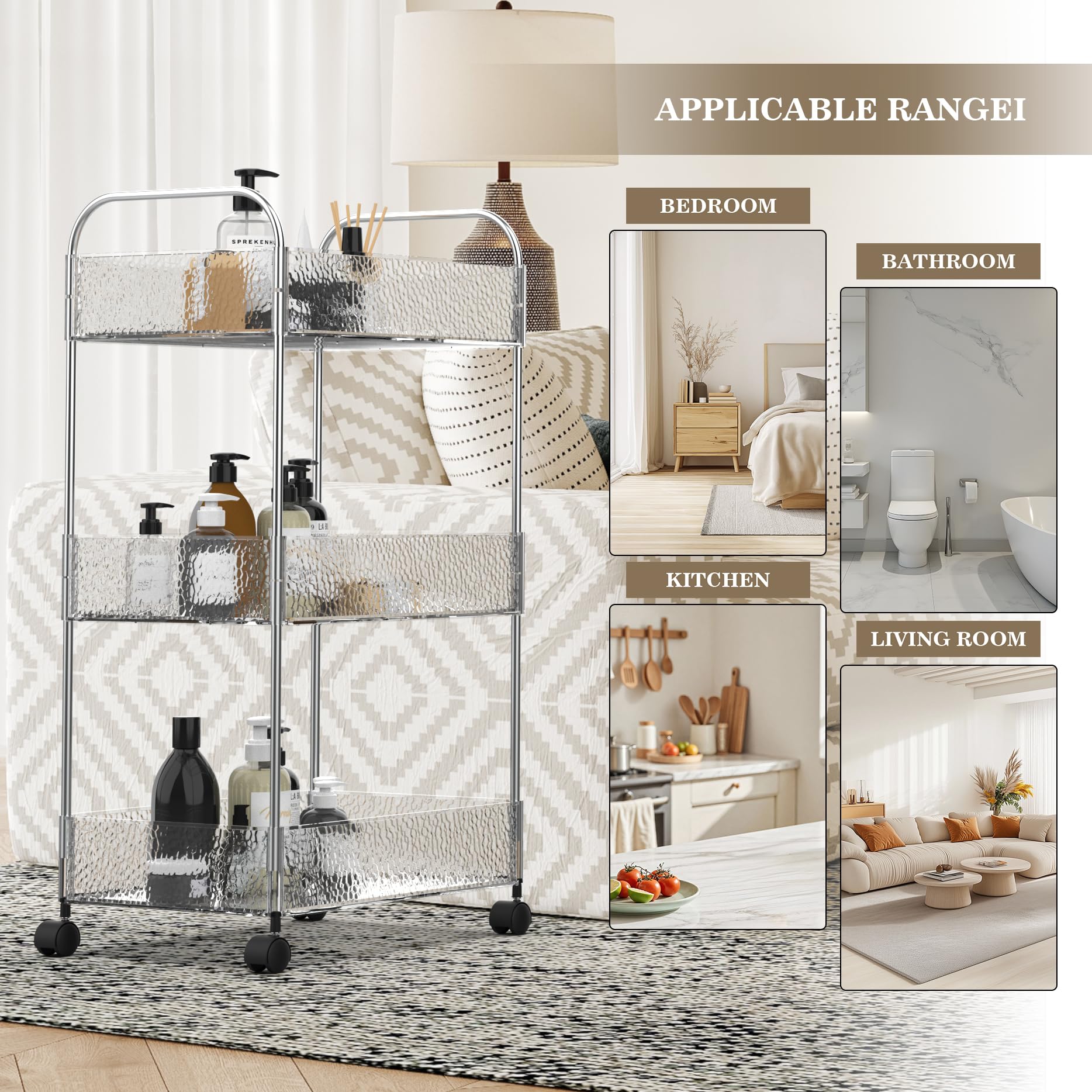 CraftGenes 3-Tier Slim Storage Trolley on Wheels, 36x20x71cm Bathroom Storage Cart with Lockable Wheels