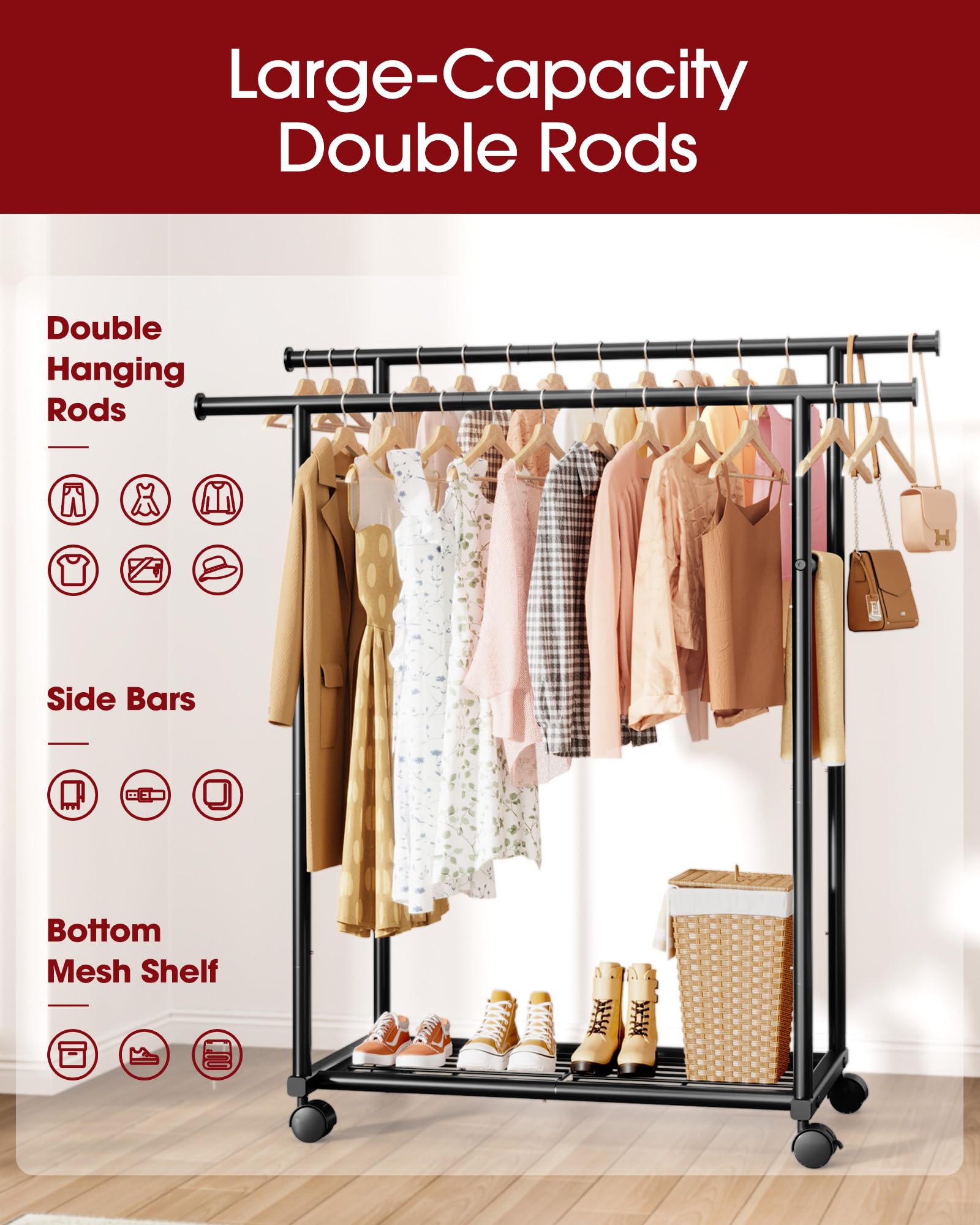 Sakugi Double Rod Clothing Rack with Shelf & Wheels, 98x42x150cm, Black