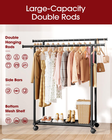 Sakugi Double Rod Clothing Rack with Shelf & Wheels, 98x42x150cm, Black