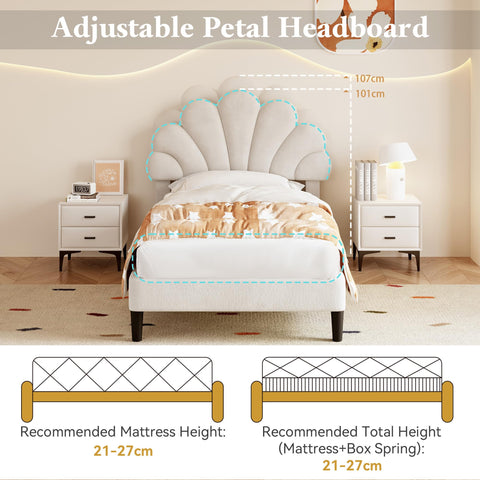 Merax 3ft Single Upholstered Bed Frame, Velvet Petal Headboard, Adjustable, Solid Wood Slats, No Box Spring Needed, Easy Assembly, Beige