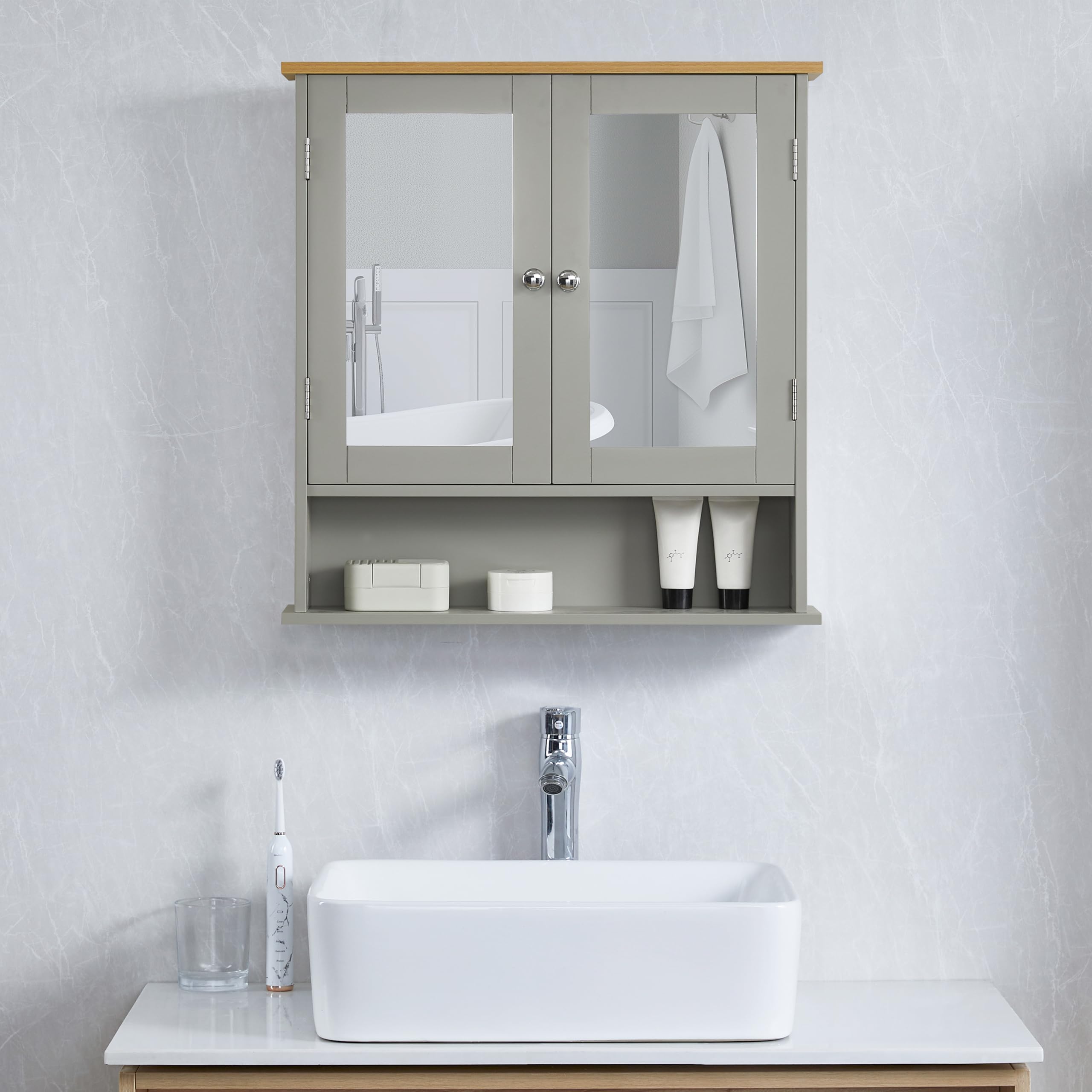 Bath Vida Priano 2 Door Mirrored Wall Cabinet with Shelf | Grey & Oak | 58 H x 56 W x 13 D cm | Easy Assembly | Space-Saving | Round Handles