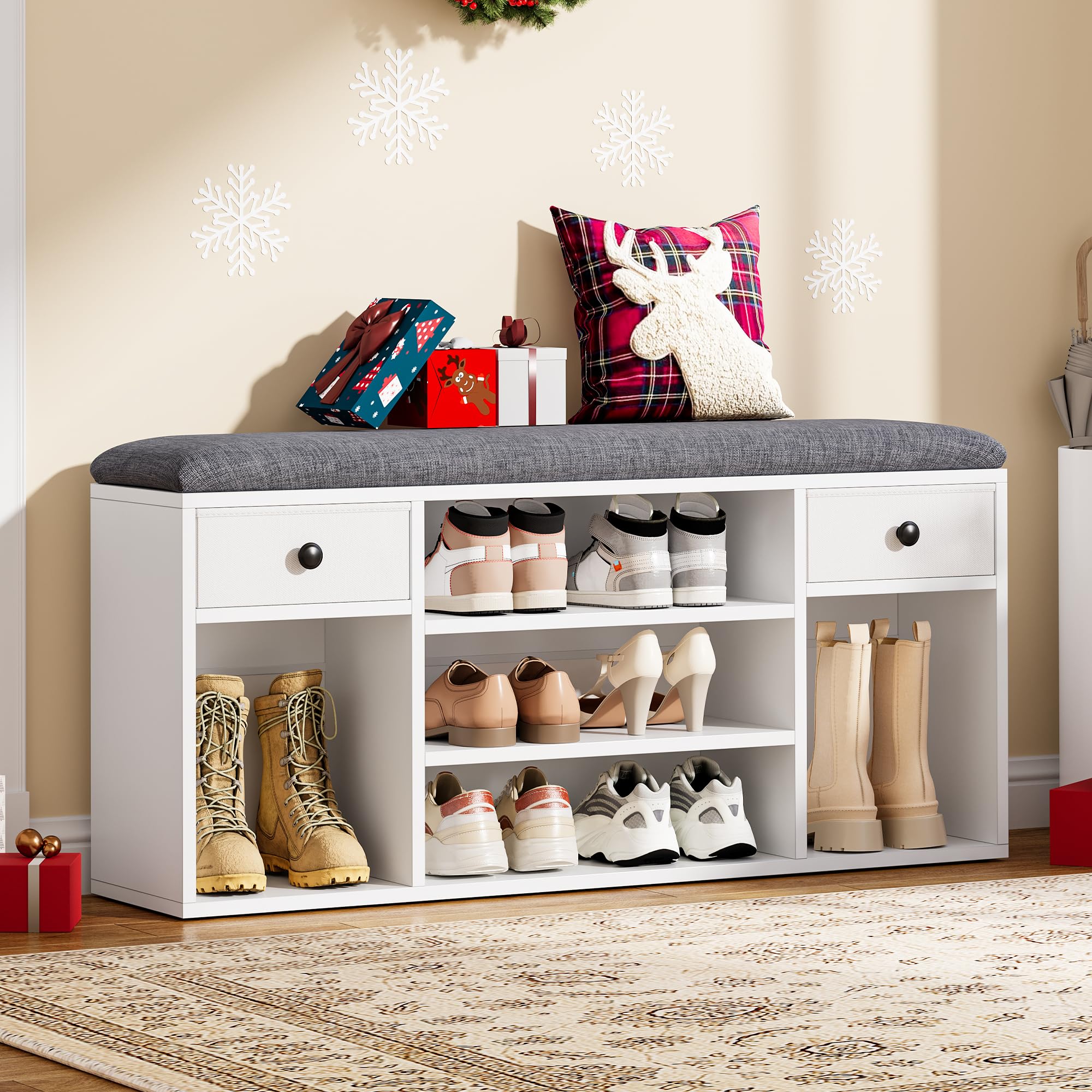 YITAHOME Shoe Bench with Padded Seat, 2 Drawers, 105cm, White and Grey
