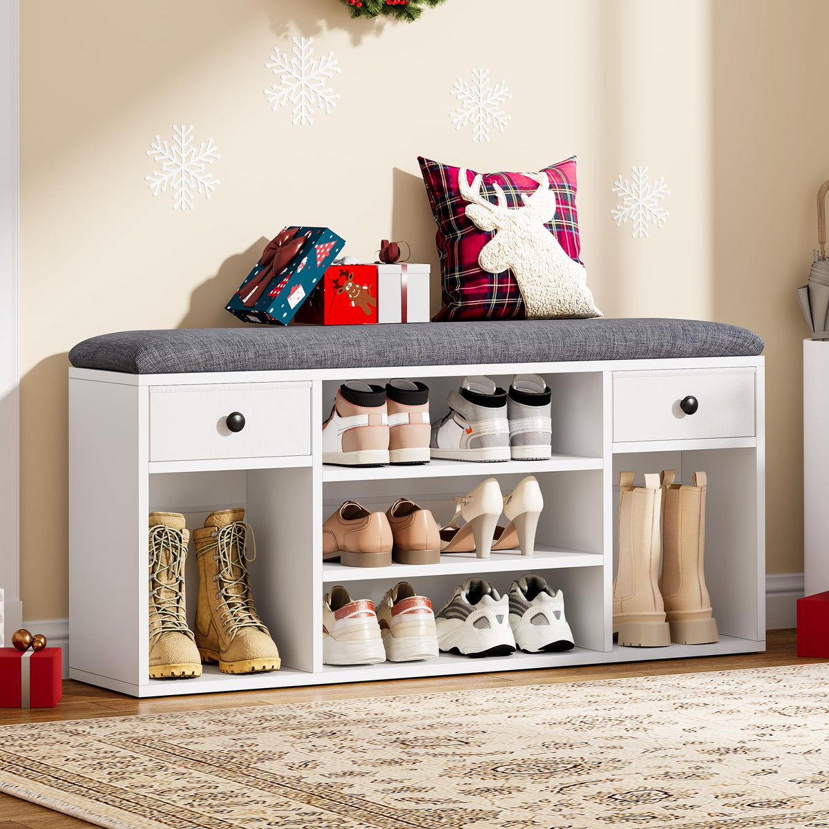 YITAHOME Shoe Bench with Padded Seat, 2 Drawers, 105cm, White and Grey