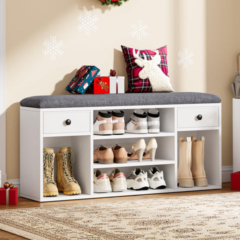 YITAHOME Shoe Bench with Padded Seat, 2 Drawers, 105cm, White and Grey
