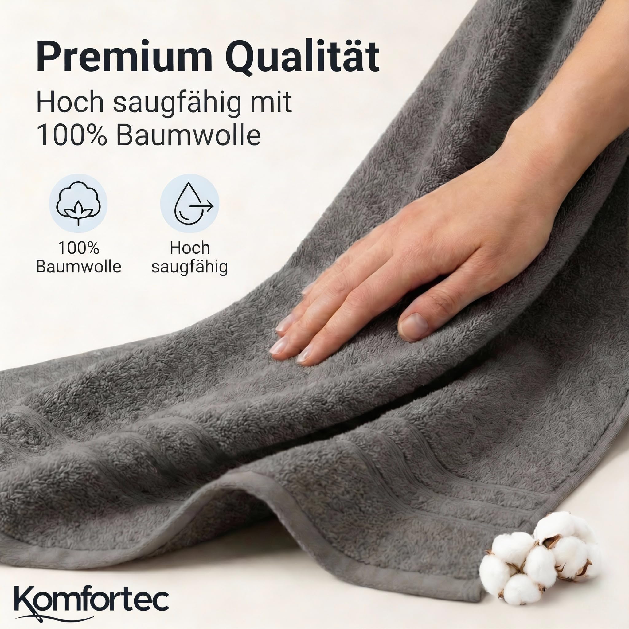 Komfortec Jumbo Bath Towels, 100% Cotton, Quick Dry, 80x200, Grey