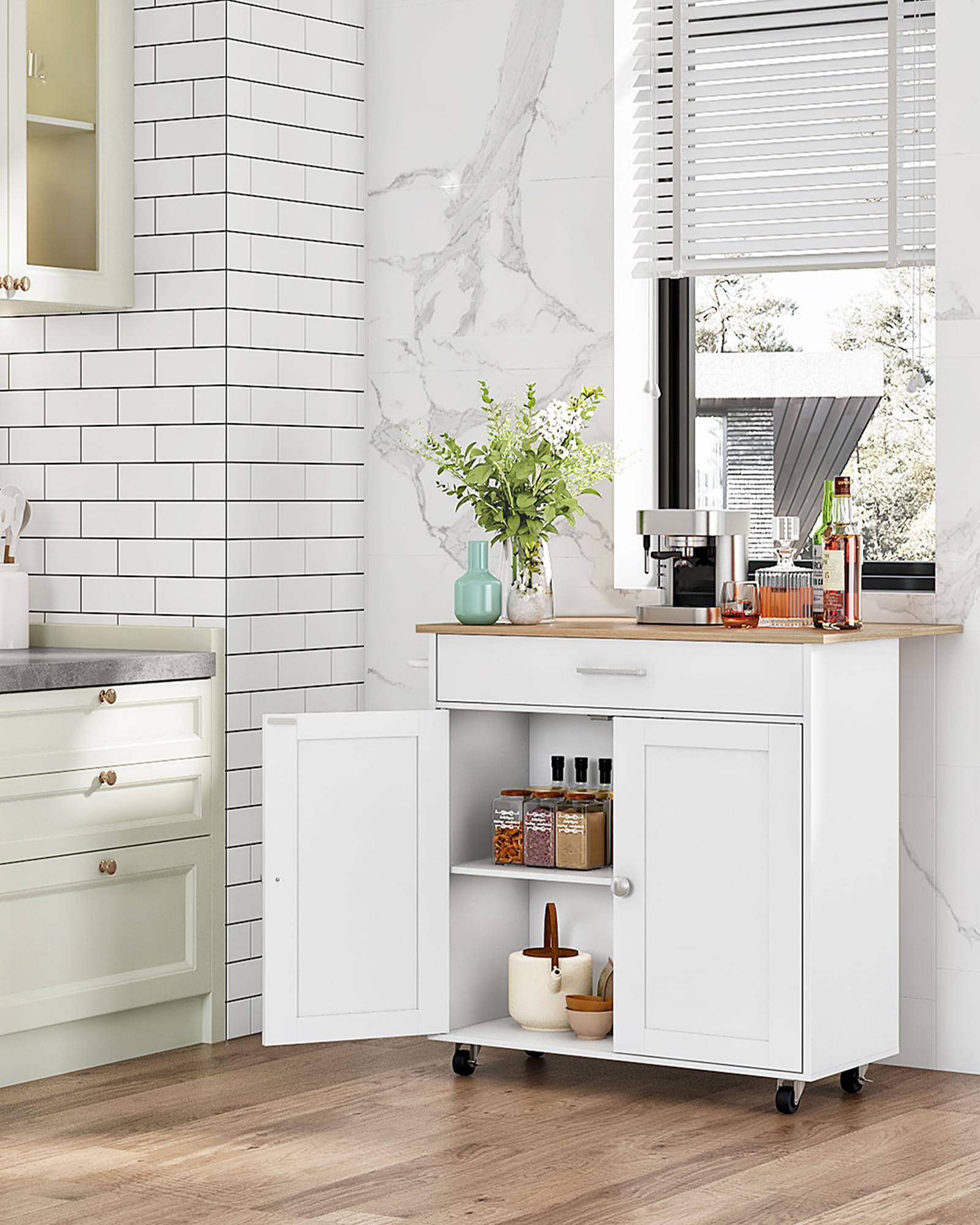 CHOEZON Kitchen Island, Farmhouse Kitchen Island Cart with One Double Cabinet and Drawer, Rolling Storage, with Drop Leaf ＆ industrial locking wheels