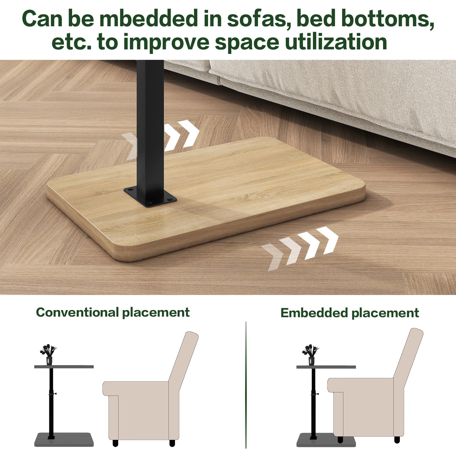 IBUYKE C Shaped Side Table,360° Swivel Height Adjustable,Natural TVT003R