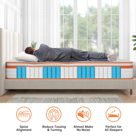 TeQsli 3FT Single Mattress, 10.6 Inch Memory Foam Pocket Sprung Hybrid Single Mattress Zone Support for Pressure & Back Pain Relief Medium Firm Box