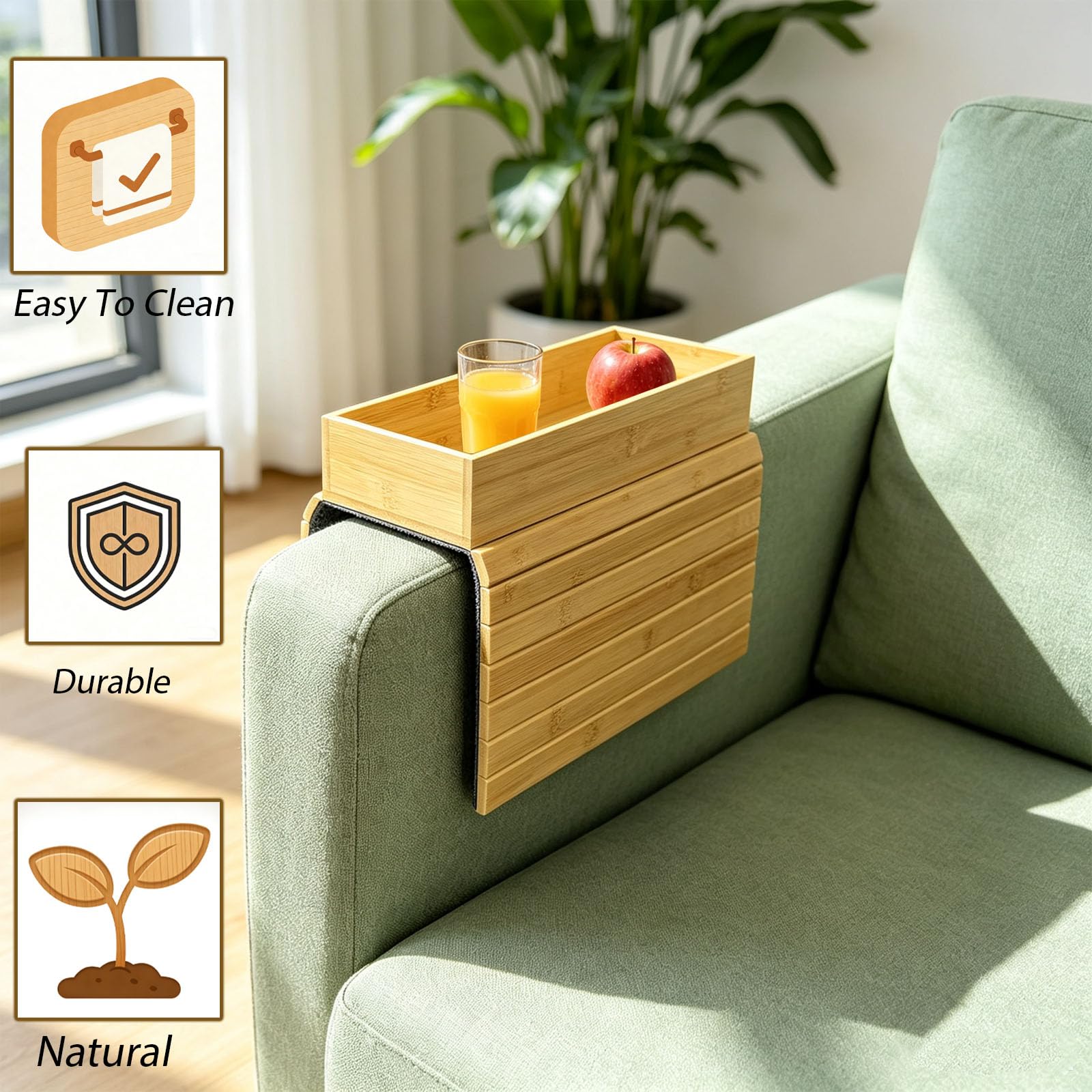 QQdou Bamboo Sofa Arm Tray — Foldable Couch Armrest Table with Cup Holder, Anti-Slip Wooden Arm Tray Organiser for Remote, Phone, Snacks & Drinks