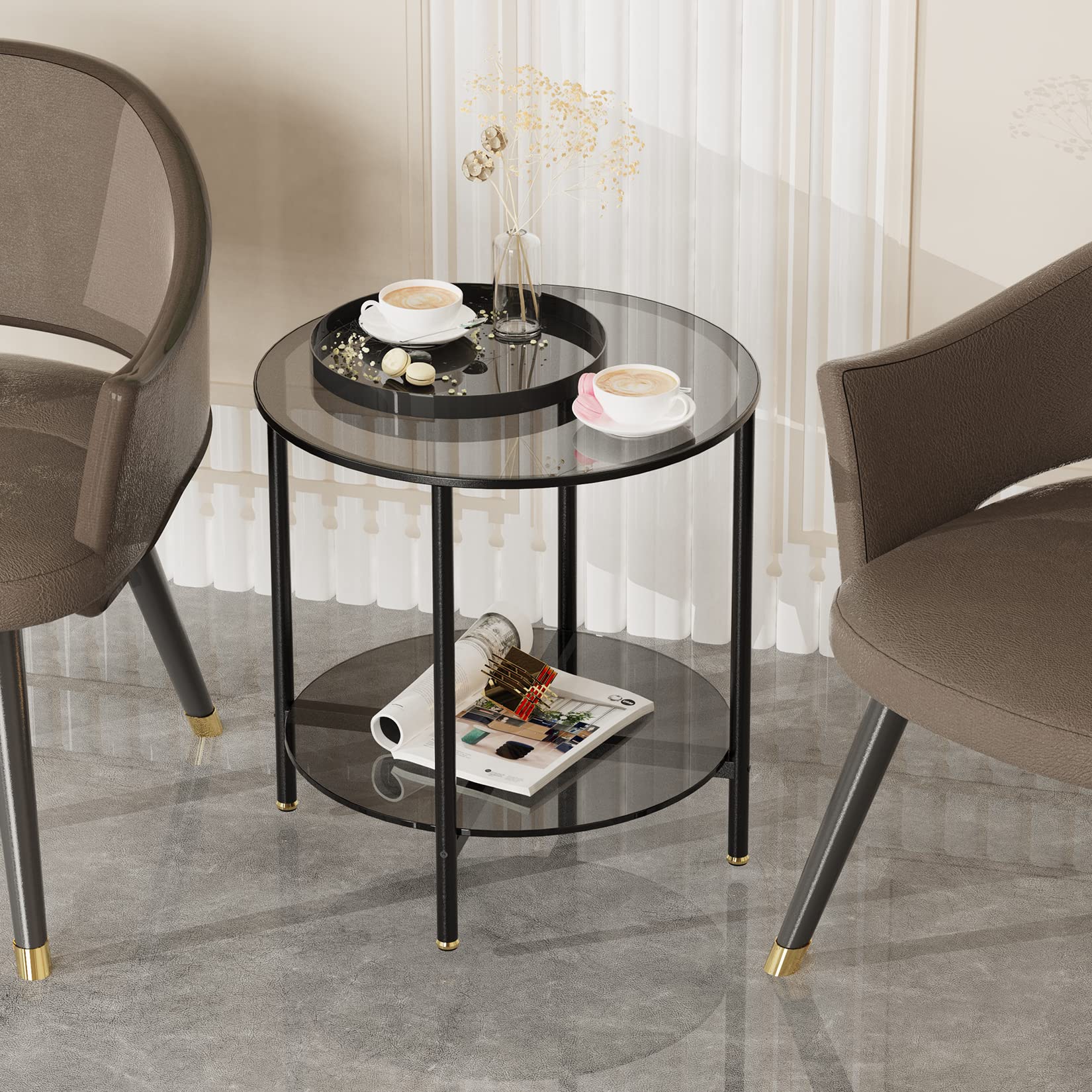 Artloge Glass Round Side Table Small: 2 Tiers End Tables Circle Diameter 50cm Slim Bedside Tables Grey Tinted Tempered Glass Top with Black Metal