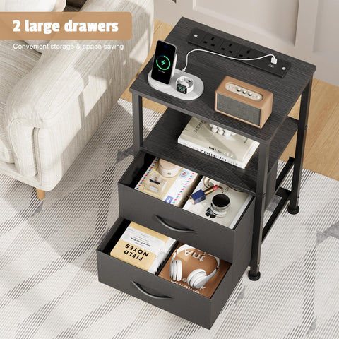 Yornoli Set of 2 Bedside Table with Charging Station 40cm Wide Bed Side Table for Bedroom with Fabric Drawers Small End Tables with Led Lights for