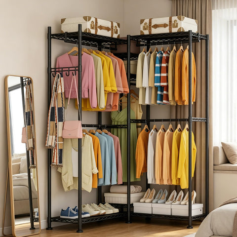 VyGrow Clothes Rail,Clothes Rack for Hanging Clothes,Adjustable Closet Organizer System, Double Rods, Side Hooks, Black