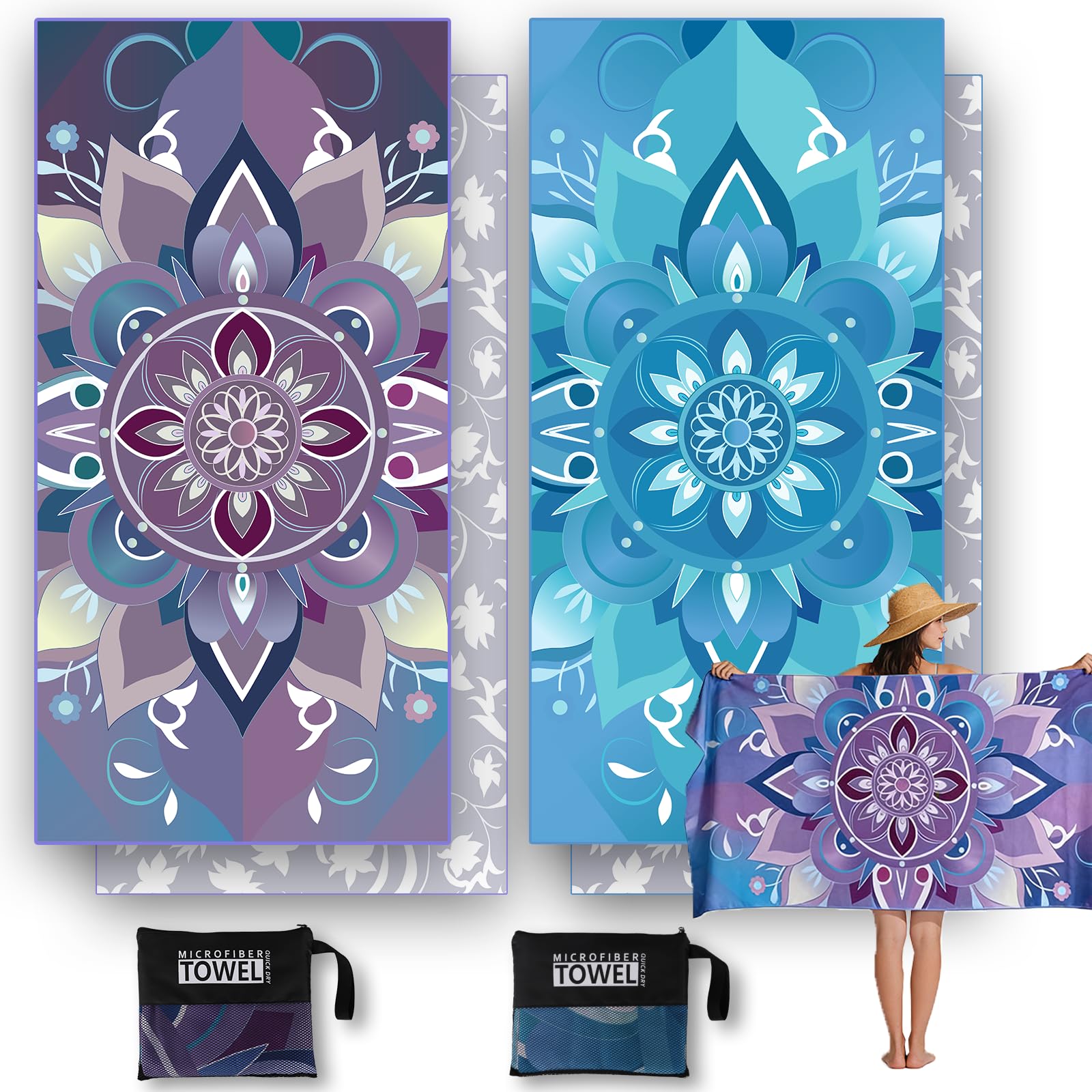 Anavasi 2 Pack Microfibre Beach Towels for Adults, 180 x 90 cm with Net Bag
