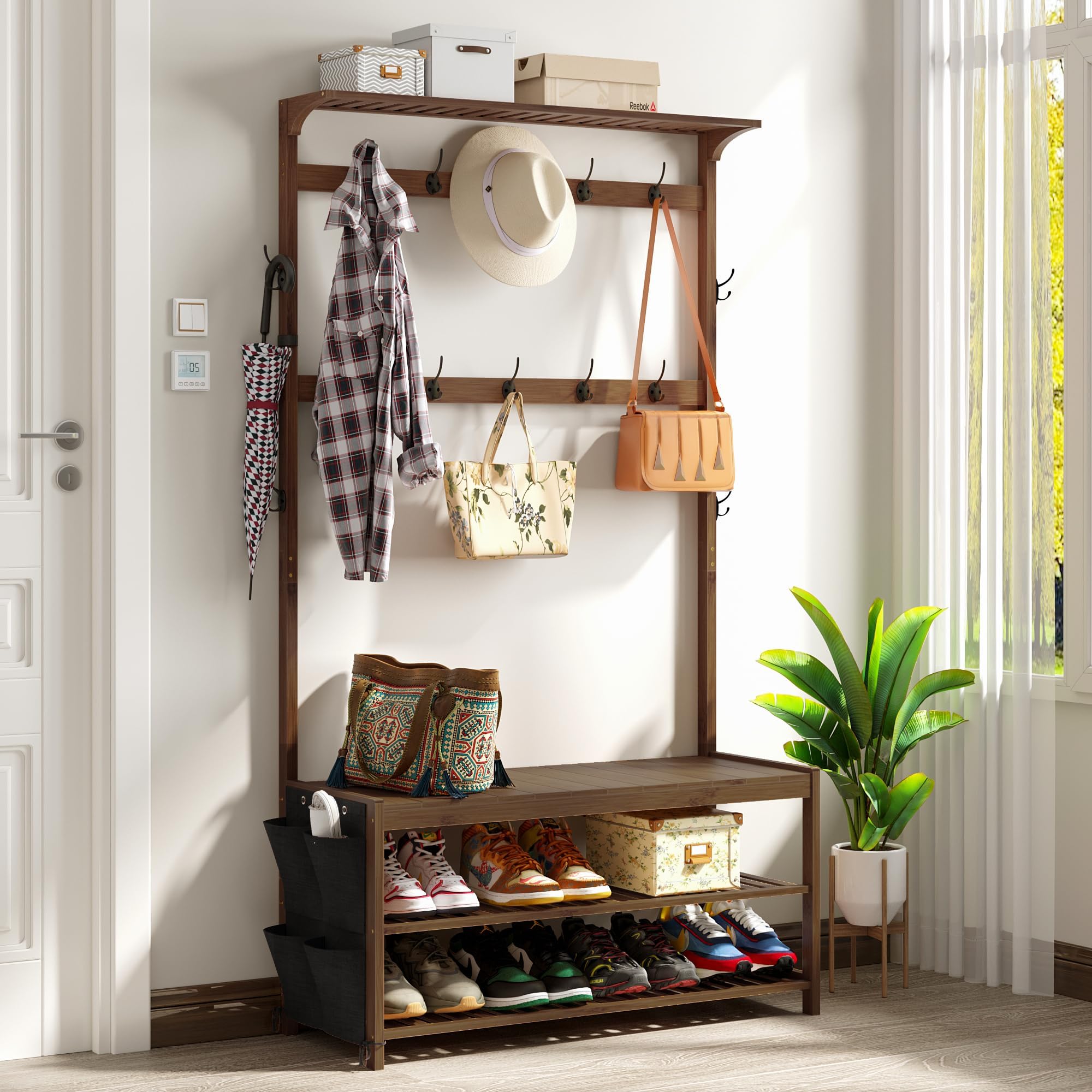 AMBIRD Coat Rack Bamboo Hall Tree Entryway Shoe Bench and Shelves, 6-in-1 Coat Stand with Storage Cloth Bags with 14 Coat Hooks