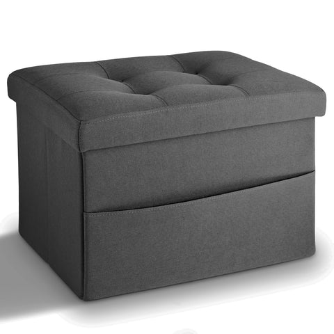 LINMAGCO Storage Ottoman Folding Foot Stool Foot Rest with Side Pocket Modern Ottoman with Storage Short Sofa Stool Linen Cloth 17x13x13(Dark Gray)