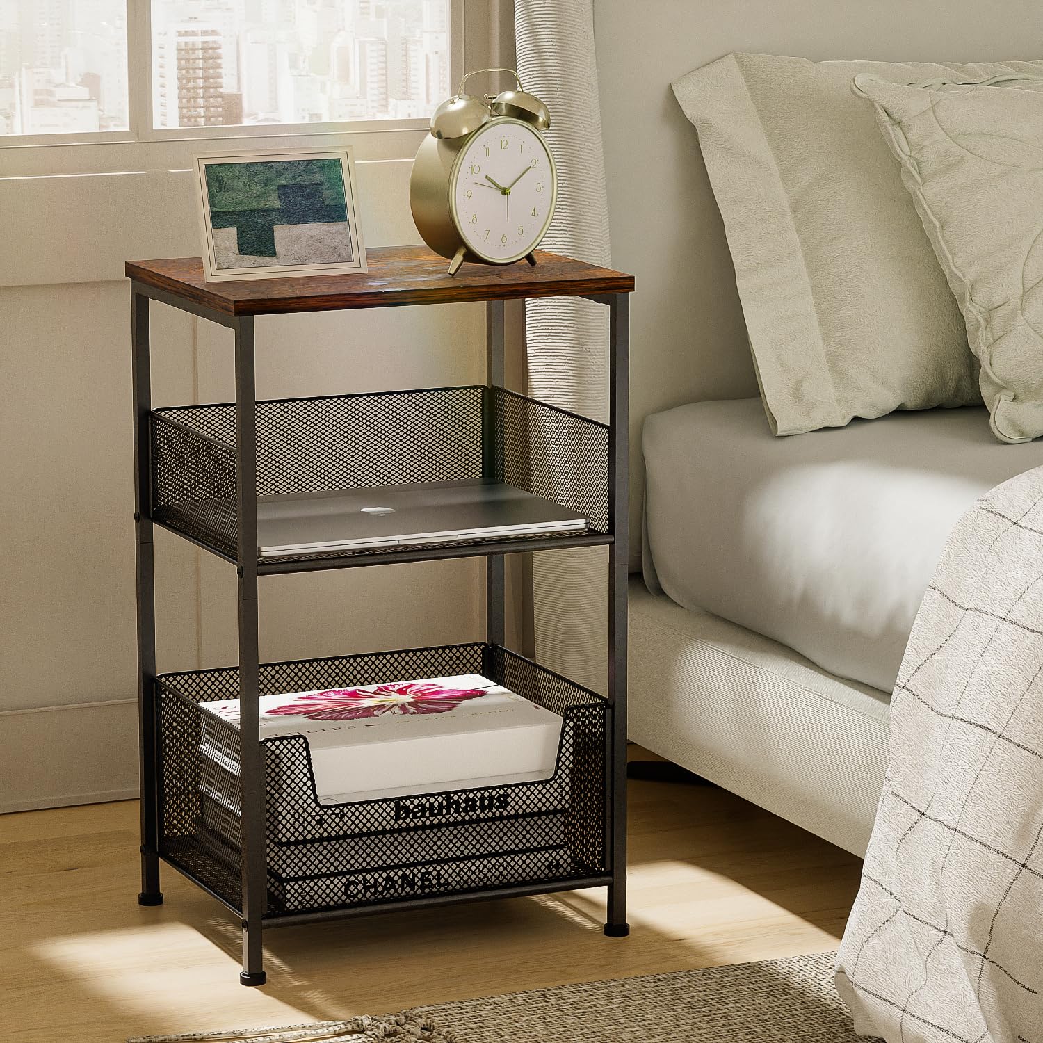 Mutool 3 Tier Side Table, 64.5cm End Table Sofa Side Table with Storage Shelf for Small Spaces
