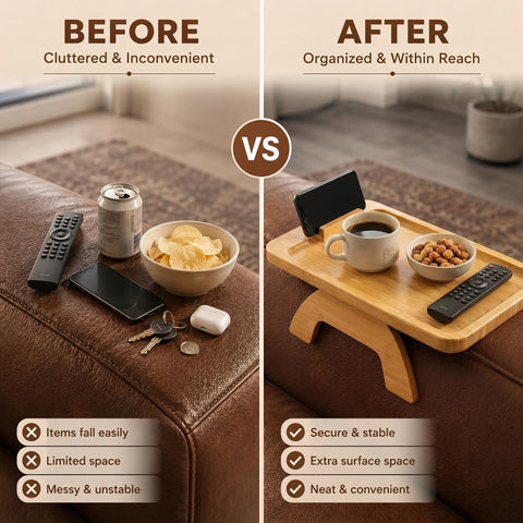 Sofa Arm Tray, Bamboo Couch Arm Tray Table with 360° Rotating Phone Holder, Clip on Sofa Armrest Tray Table, Foldable Sofa Side Table for Drinks