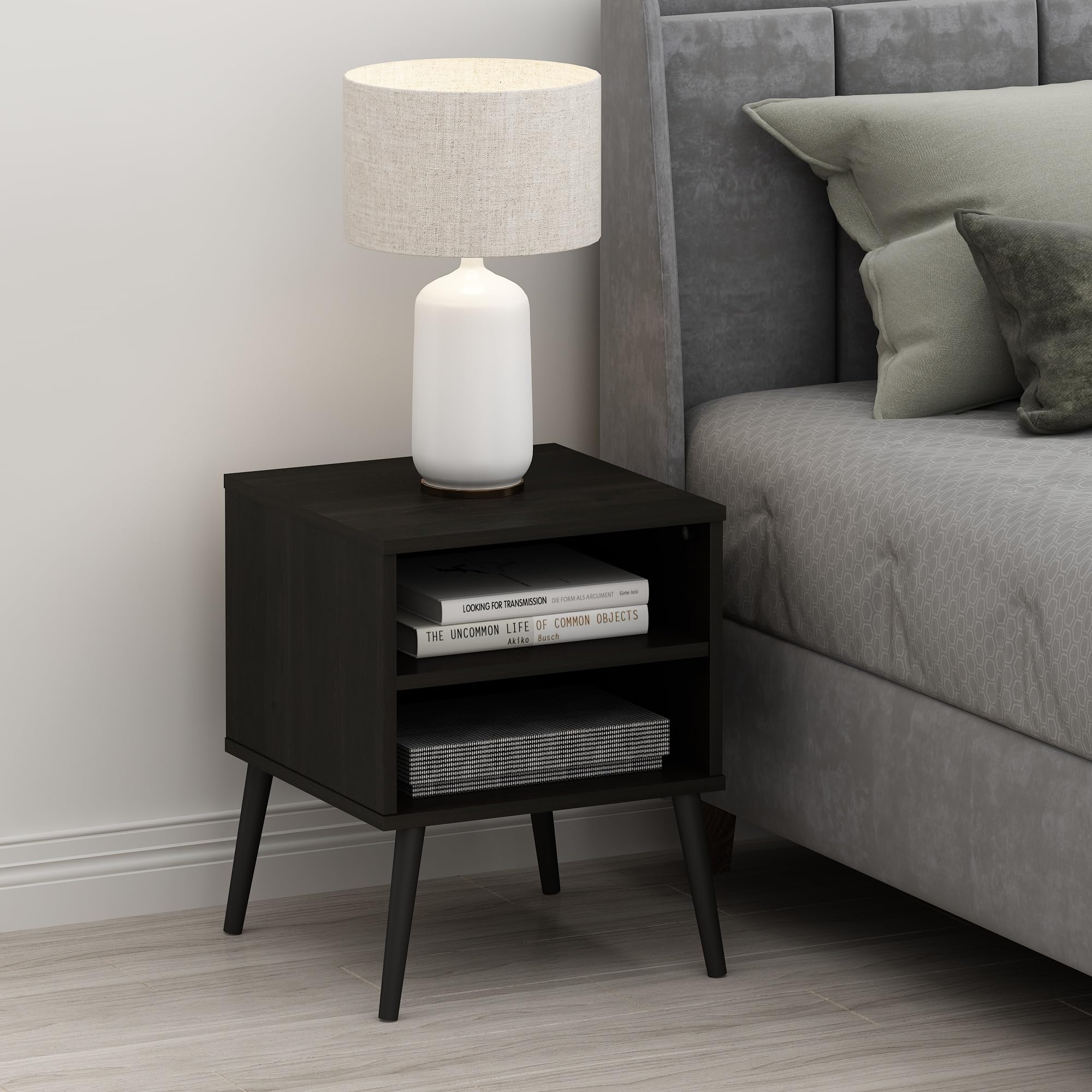 Furinno CLAUDE Night Stand, 2-Tier Modern Mid-Century Nightstand with Wooden Legs, Open Shelf Bedside Table, End Table, Side Table, for Bedroom