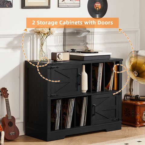 LELELINKY Record Player Stand with Storage, 1m Farmhouse Vinyl Cabinet