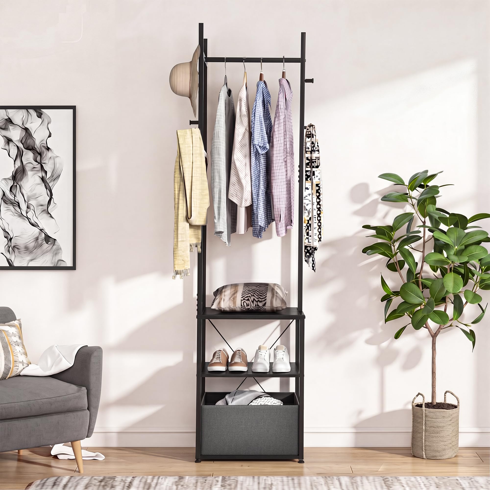 YITAHOME Coat Stand, Clothes Rack Hall Tree with Shelves & Hooks, Grey