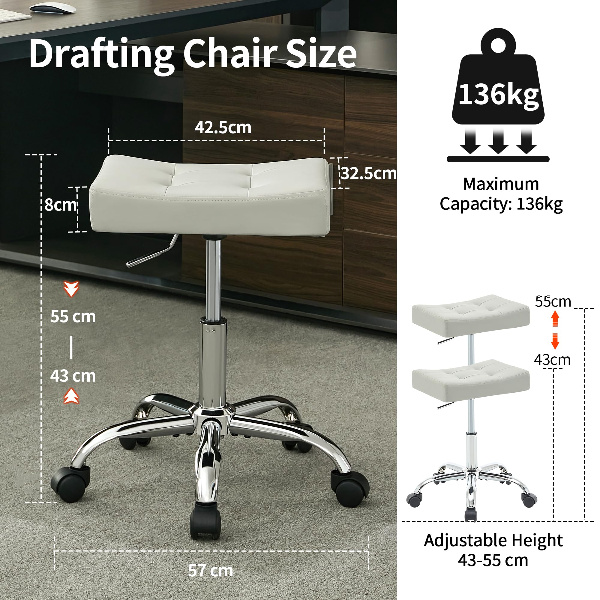 FIRAVOE Adjustable Drafting Stools 43.5–54.5 cm (Saddle Shaped Seat) (136 kg Capacity) Office Stool with Wheels